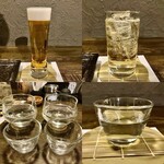 純・懐石焼鳥 串焼ちゃぼ蔵 - 「プレミアムエビス（税込￥650）」「角瓶（税込￥580）ハイボール」「田酒(半合)（税込￥1,000）」「鍋島(半合)（税込￥460）」の酒器とお猪口