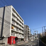 ピッツェリア ピッキ - 門前仲町駅方面から歩いてきたときの眺め（赤いの所がお店、右側は高速道路）