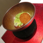 エクアトゥール - デザート：フレンチぜんざい、レンズ豆のココナッツ煮、抹茶アイスとブランマンジェ　ソースショコラとココナッツのチュイル