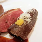 レ セゾン - 鴨肉のロティ バニュルスソース　オレンジ風味のフヌイユとラードを加えたパテ