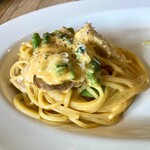 リトルネスト - メカジキ燻製と菜の花 カルボナーラ