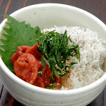 Jakoto and Kishu plum perilla rice/ Ochazuke（boiled rice with tea）[salmon, plum, shigure, octopus wasabi]