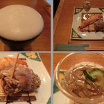 季節料理 なみき - 2014' 6/21 生ビール、先付（ツブ貝・車海老の寿司・ジュンサイ）