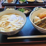 やまふく - かけ小＋小天丼セット(1,180yen)＋たまご天(100yen)