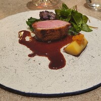 aoi restaurant - 鴨の赤ワインソース山椒風味、紫ブロッコリーとさつま芋の金柑ソース添え