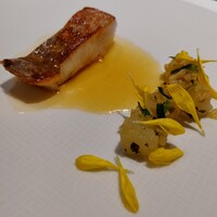 Takumi - マナガツオのポワレ・ノイリー酒のソース・加賀太キュウリの煮込み・刻んだフヌイユ、ハラペーニョ、レモンタイムとともに