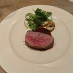 eman - イベリコ豚プレサの炭火焼き&蕪とハーブのサラダ、花梨のソースがけ