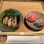 そば切り 鴨嘴 - 牡蠣の治部煮　赤カブと鴨ローストの手まり寿司　