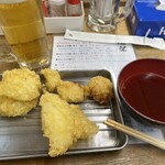 魚庭本店 - タマネギ、キス、貝柱　最後は生ビール（笑）