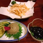 魚処やつはし - 白えび唐揚げ、かに味噌、ほたるいか黒作り