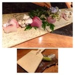 大どころ - お刺身盛り合わせ・・福間の天然鯛・五島の鰹・志賀島のカンパチ・鯛のハラス炙り・対馬の穴子。 
      どれも美味しいですが、中でも「ハラスの炙り」が好みでした。 