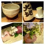 大どころ - 日本酒やら焼酎やら。 
      鯛は塩コンブが挟んでありますのでお醤油を付けないでも頂けます。 
      右はカンパチです。 