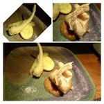 大どころ - 姫島の甘鯛の天ぷら、島ラッキョウとグリーンアスパラの天ぷら。自家製「肉みそ添え」 