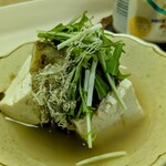 tell me キッチン - 鶏スープに木綿豆腐、水菜、おぼろ昆布、カス肉