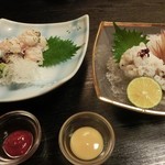 Kisetsu Ryouri Nakanishi - 鱧の湯引き1000円（酢味噌か梅肉）と、焼き霜1000円（わさび醤油）。