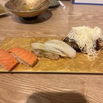 寿司 牡蠣 川崎スシエビス  仲見世通り - 握りシリーズ。飲めるサーモン、飲める炙りエンガワ、とろける鰻バター。鰻バターは想像の斜め上⤴︎を行く美味しさ！