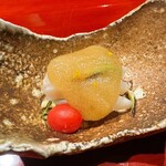 御料理 野々原 - 酢の物
      本みるがい　炭火焼き
      ひろっこ　トマト漬け
      山うど
      酢橘汁　土佐酢ジュレ　柚子