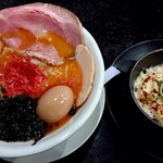 Ramen光鶏 - 店主の気まぐれ限定 えびSOBA(1000円税込)の大盛り(＋150円税込)、〆のチーズご飯(200円税込)