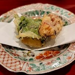 銀座 きた川 - 金時人参と太刀魚（大葉）天婦羅