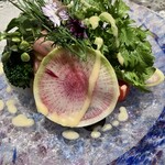 287113368 - 季節野菜のテリーヌとスモークサーモンのマリネ。とにかく野菜がみずみずしくて美味しいです。