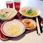皇蘭 - 冷やし豆乳担々麺、濃厚鶏白湯ラーメンチャーシュー、チャーハン＆唐揚げセット、ウーロン茶