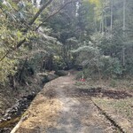 鎌田鳥山 - 長沼公園の殿ケ谷戸の道を入ったところで、舗装がなくなり、未舗装の道路になる。この先で左の小川を渡る橋で道は終わる。