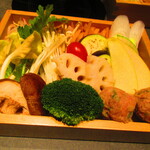 羊と饂飩 - しゃぶしゃぶ３種類の野菜・きのこ盛合せのアップ【２０２５年２月】