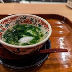 料理や まつもとけんじ - ②「天草産ふぐ白子とゆり根、天草産アオサの茶碗蒸し」