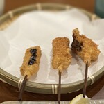 ぎんざ磯むら 横浜関内店 - 左から、田楽、ねぎと豚フィレ肉、舞茸