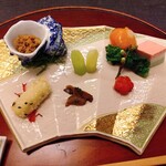 287500904 - 八寸　菜の花山葵和え、菱豆腐、長芋新引き揚げ、愛宕時雨、精進あわび、金柑