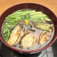 そば会席 立会川 吉田家 - 牡蠣と芹のあんかけそば　とっても立派な三陸の牡蠣が芹の食感と味と絶妙なコンビネーションで素晴らしい味わい
