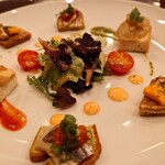いわむら - 前菜三種盛り（パテドカンパーニュ、焼きナスのムース、地鶏のリエット等）