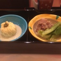 菊華荘 - おからの湯葉包み豆乳かけ、鯵のなめろう