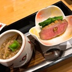 炭火割烹とも - お晩酌コースお通し(茶碗蒸し蕎麦の実のスリ流し、鴨の叩きと菜花のお浸し)