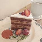 喫茶 tameiki - 別の日✨いちごダブルチョコレートのショートケーキ780円、薬膳茶600円(風月)※ドリンクセットで△50円。チョコクリームと生チョコクリームのダブルチョコ！生クリーム、いちごにココアスポンジで絶品♪