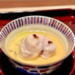 多仁本 - 虎河豚白子の玉締め　百合根に酢橘　山椒油がアクセント　ジャクソンシャンパーニュと