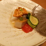 しのはら - 由良うに・新潟産あわび・ゴマ豆腐・ズッキーニ・トマト・こなぎ　をあわびダシで