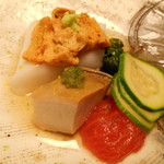 しのはら - 由良うに・新潟産あわび・ゴマ豆腐・ズッキーニ・トマト・こなぎ　をあわびダシで
