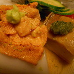 しのはら - 由良うに・新潟産あわび・ゴマ豆腐・ズッキーニ・トマト・こなぎ　をあわびダシで