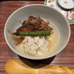 廣澤 - 気仙沼 毛鹿鮫 ステーキ 上湯餡掛け、香住 松葉蟹、熊本 グリーンアスパラガス、岡山 黄韮入り