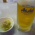 Wakatori - 生ビール中一杯目、付きだし茄子のお浸し