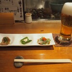 すし処 錦 - 付き出し ＆ 生ビール