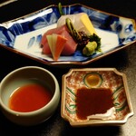 柏屋 大阪千里山 - 造里(鯛、横輪、蕨、三色扇、南瓜笏、生海苔、紅蓼、山葵、松前醤油、梅肉醤油)