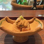 廣澤 - 北海道帆立貝柱の湯葉揚げ 蜂蜜南高梅干入り北海道 紫雲丹を乗せて