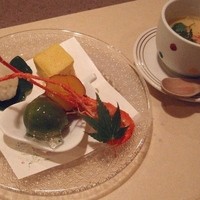加賀屋 名古屋店 - あえの風(ミニ懐石)；先付(玉子豆腐)と前菜(おこぜの手鞠鮨など) @2014/07/05