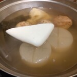 一窯 - おでんは、はんぺん、大根、昆布、がんも、巾着、五目さつま揚げをオーダー