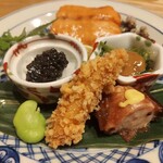 はらまさ - しらすの揚げ物、煮ダコ、キャビアご飯、