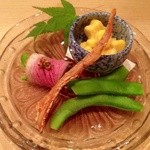 鴨、トウモロコシ酒盗和え、くちこ