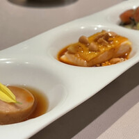 中国飯店 富麗華 - 紹興酒（干し梅、プラムソース、山椒）漬けあん肝、よだれ鶏春雨、アボカドピータントマトの和え