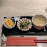 やきとり 児玉 - 「前菜盛合せ」鶏スープ、おひたし、たまご焼き